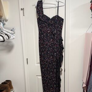 Aidan Mattox Black One-Shoulder Floral Ruffle Gown